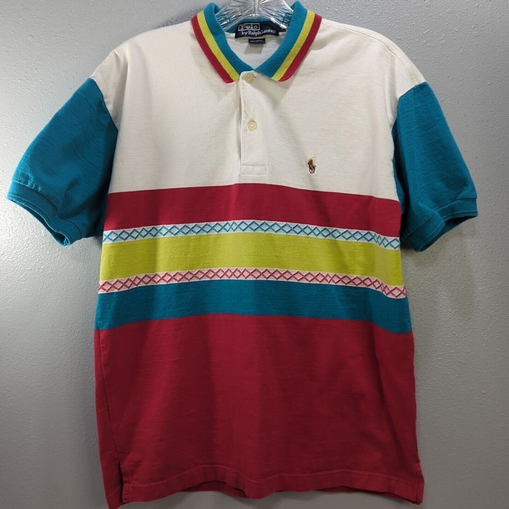 Vtg Rare Y2K Polo Ralph Lauren Med Short Sleeve Colorblock flesh pony Shirt 523